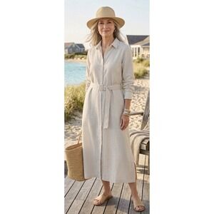 Ines De La Fressange Uniqlo Linen Blend Long Sleeve Shirt Dress Striped Belted